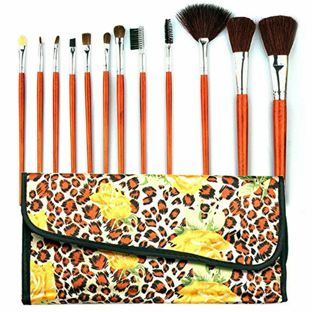Professional Makeup Brush Kit with Leopard Pouch Cosmetic Brushes Set - 12 Piece