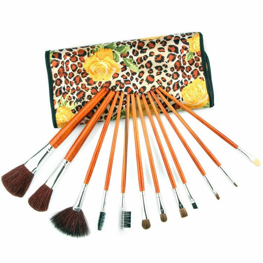 Professional Makeup Brush Kit with Leopard Pouch Cosmetic Brushes Set - 12 Piece