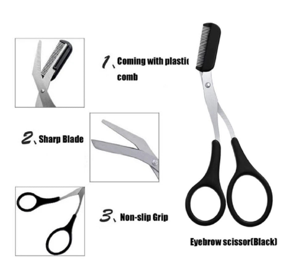 3Pc Eyebrow Trimmer Scissors Kit Grooming Set W/ Comb for Men Women Facial Hair