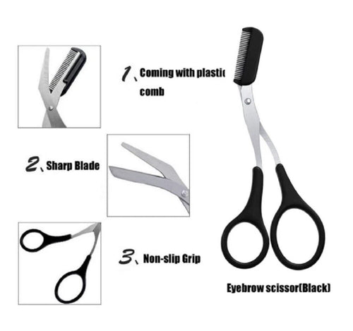 3Pc Eyebrow Trimmer Scissors Kit Grooming Set W/ Comb for Men Women Facial Hair